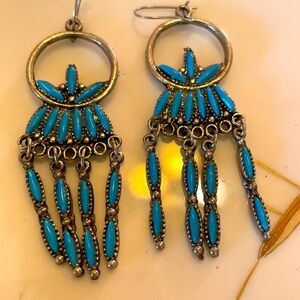 Vintage Zuni Earrings -  Silver toned and Turquoise Chandelier